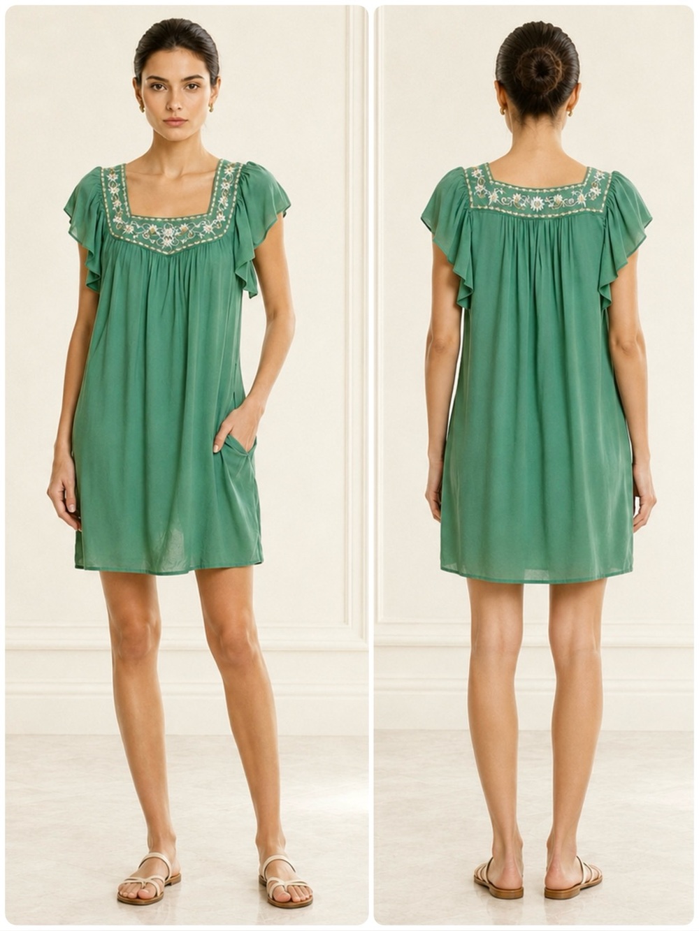 Max Studio Embroidered Shift Dress Flutter Short Sleeve Pockets Square Neck
